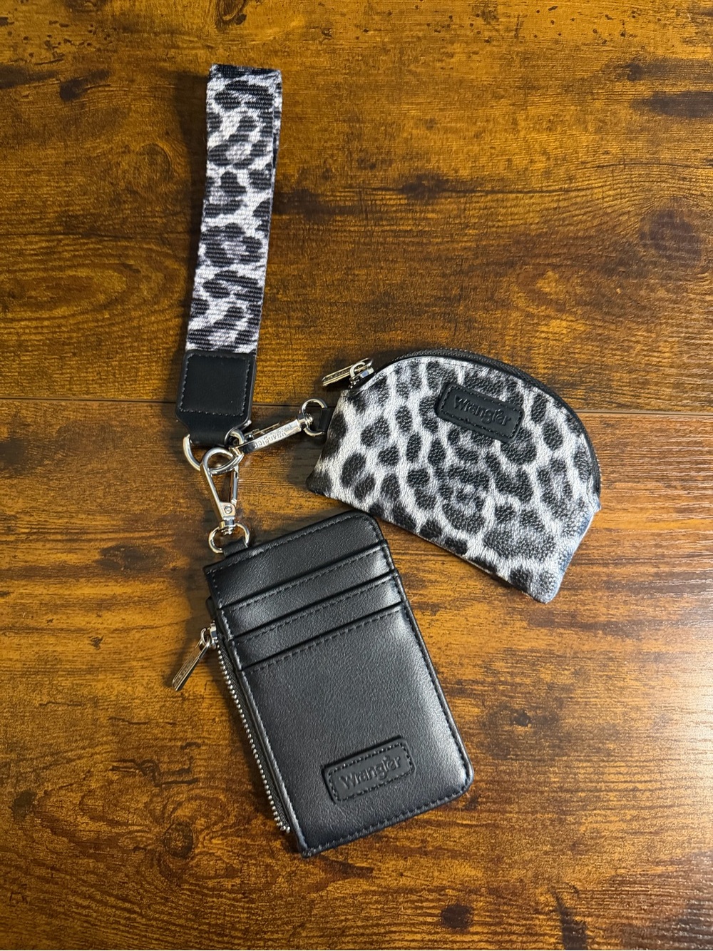 Wrangler Black Card Holder with Gray Leopard Coin Pouch and Matching Strap